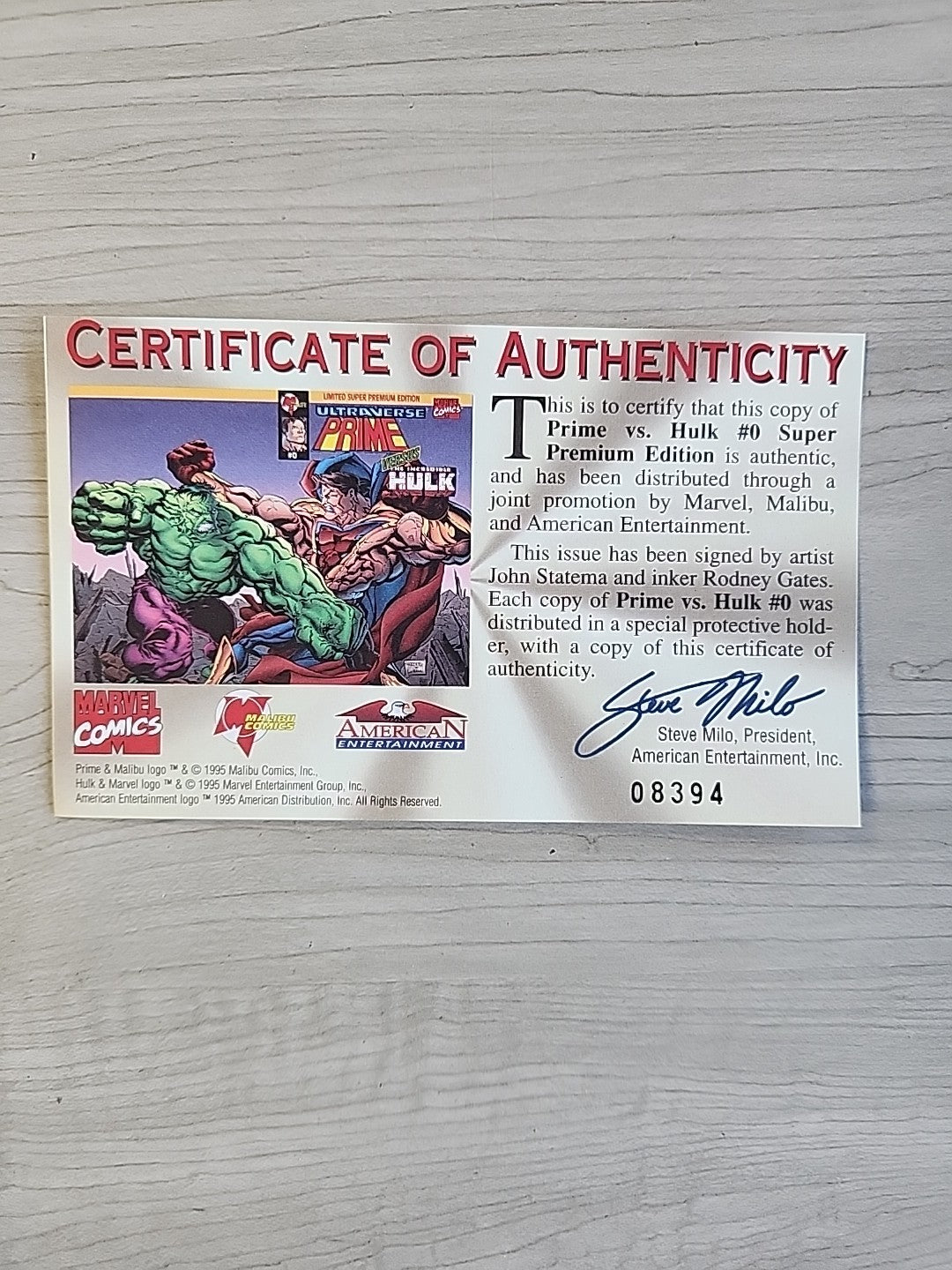 Prime vs Hulk 0 Signed John Statema Rodney Gates Exclusive Super Premium COA NM