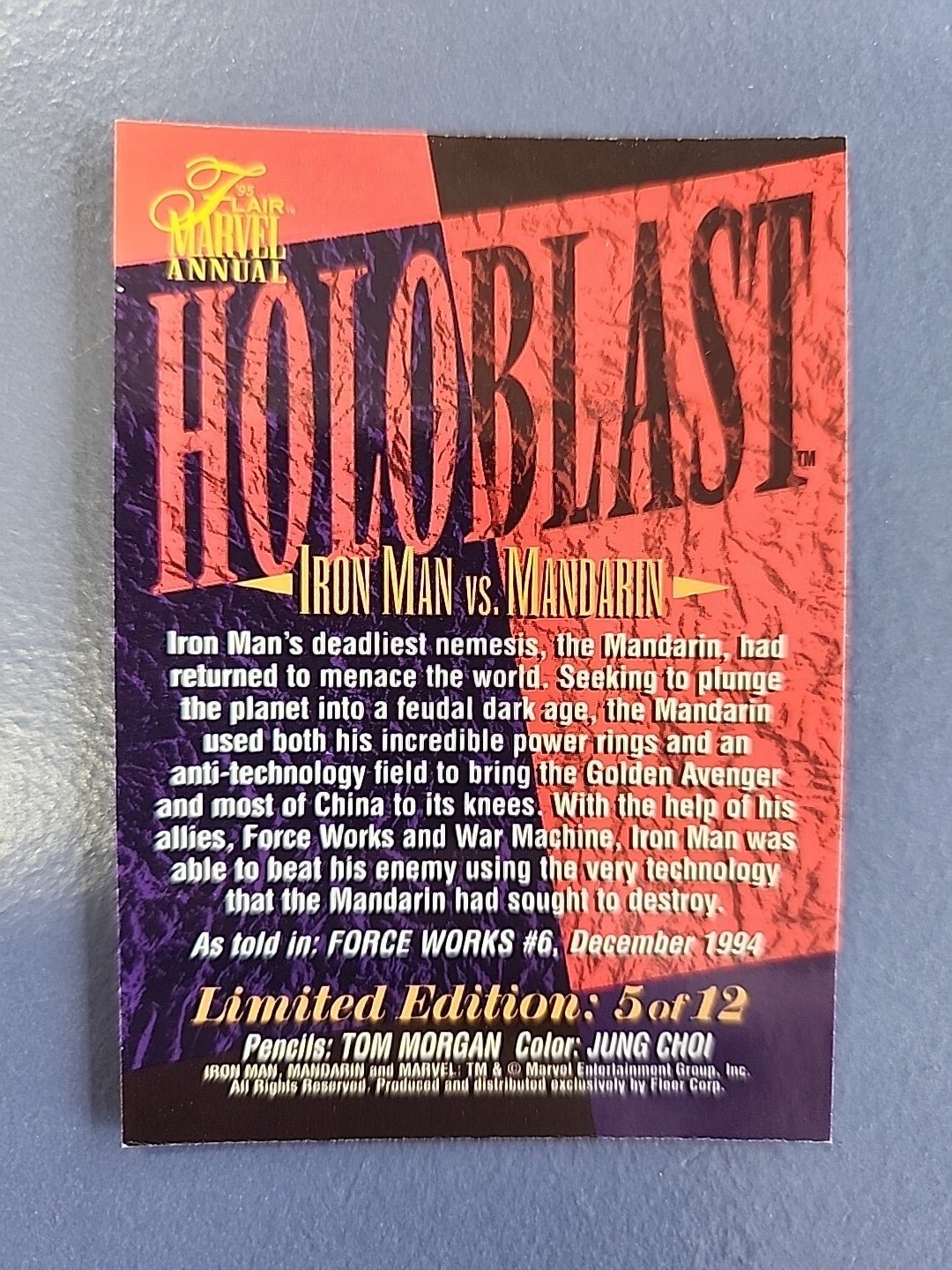 1995 Flair Marvel Annual Holoblast #5 Iron Man vs Mandarin