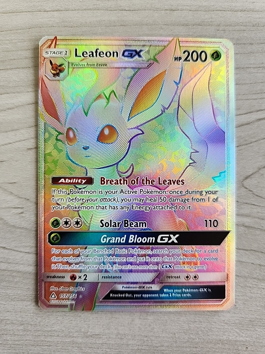 2018 Leafeon Gx Rainbow Secret Rare Pokémon Card 157/156 NM