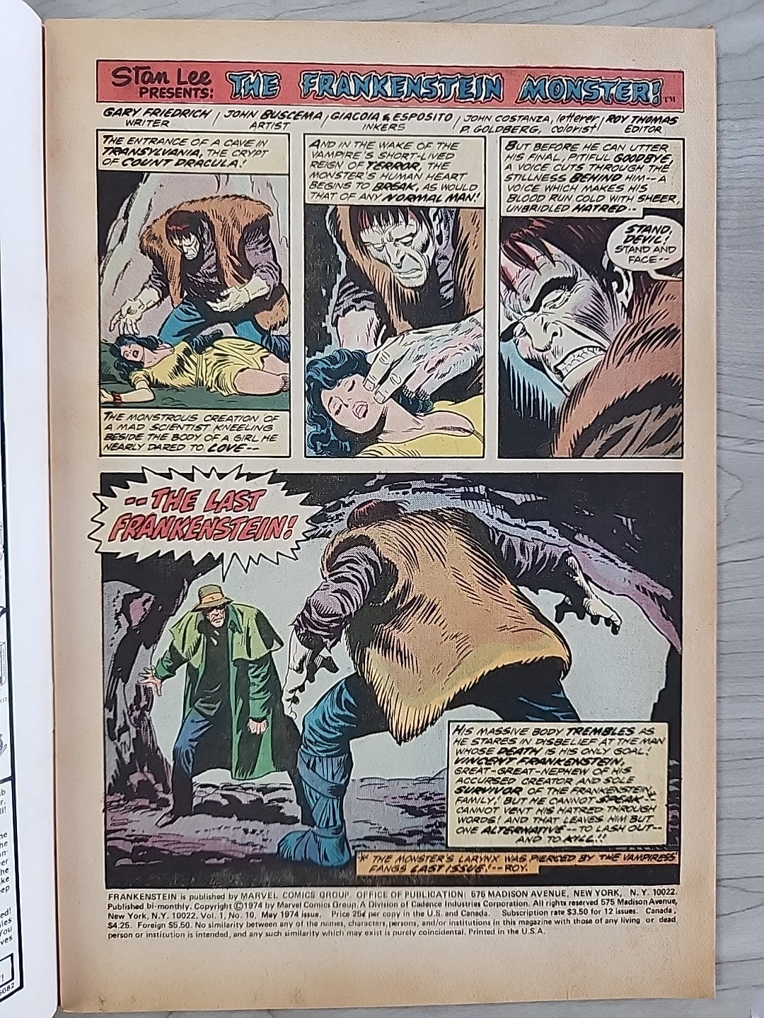 The FRANKENSTEIN Monster #10 Marvel Comics 1974 John Buscema FN/FN+