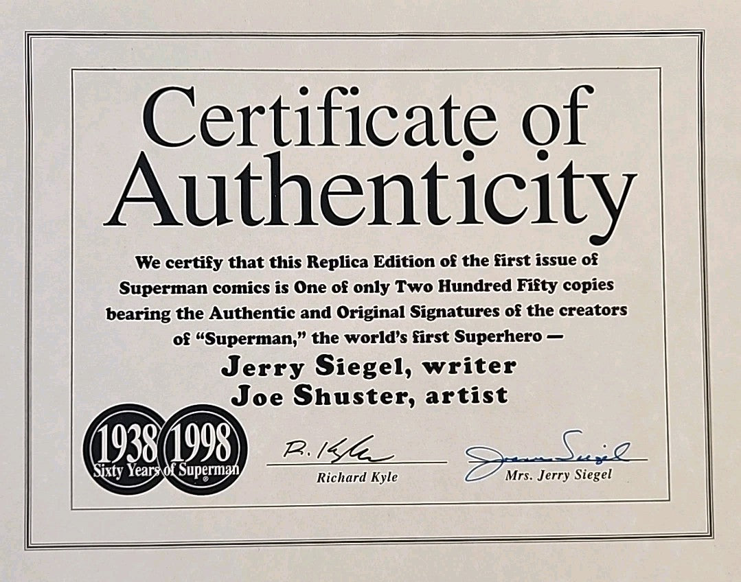 Superman Oversized Replica C-61 Signed Siegel & Shuster COA 1:250 Rare See Pics