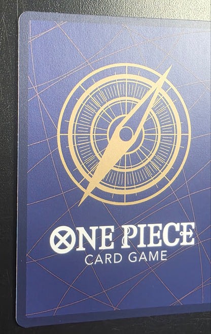 One Piece card game card with compass design on a blue background